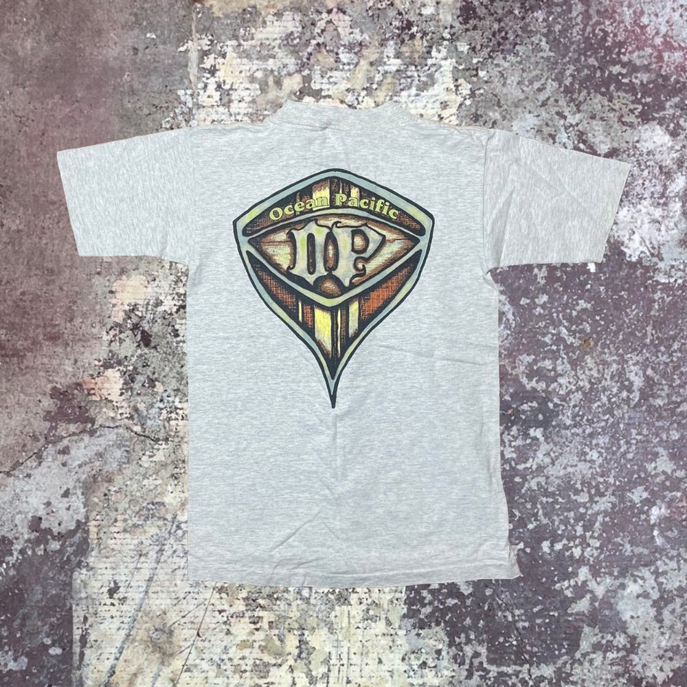 90s OP Ocean Pacific Surfer Shield Logo Vintage Grey Single Stitch T-Shirt Med